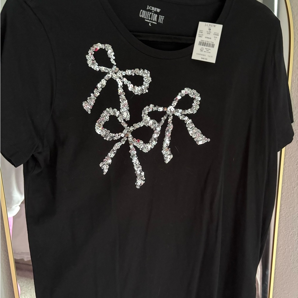 J. Crew Factory Black Short Sleeve Tee with Silver Sequin Bow Appliqués